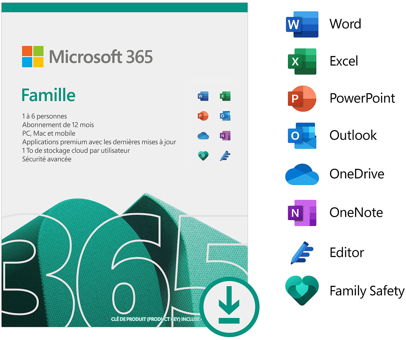 Microsoft 365 Famille Français - abonnement 12 mois pour 6 personnes (PC,  Mac, iOS et Android) (6GQ-01574) prix Maroc