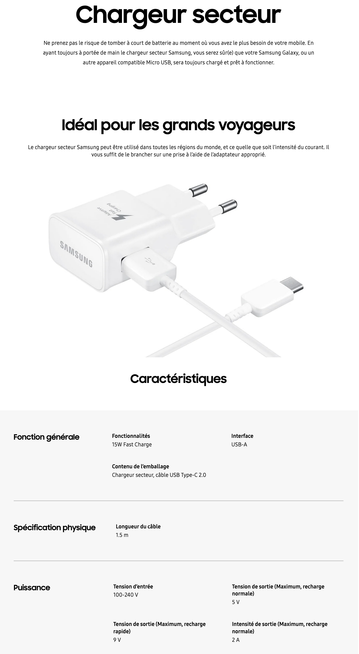 Chargeur Samsung chargement rapide Micro USB