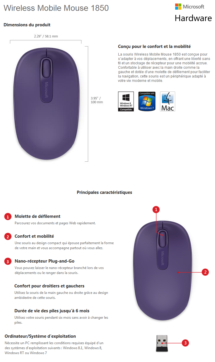 Acheter Souris Microsoft Wireless Mobile Mouse 1850 - Violet (U7Z-00044) Maroc
