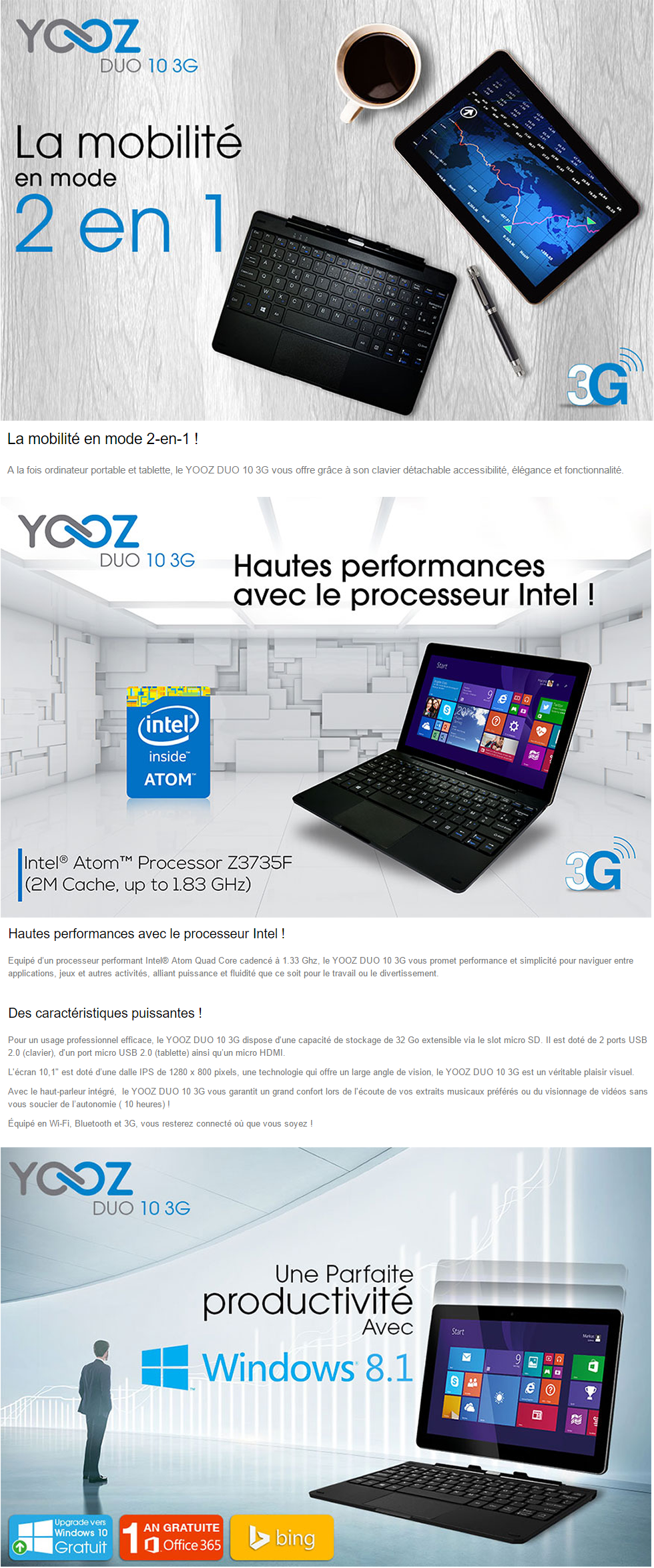 Acheter PC convertible tablette YOOZ DUO 10 3G (YDUO10G) Maroc