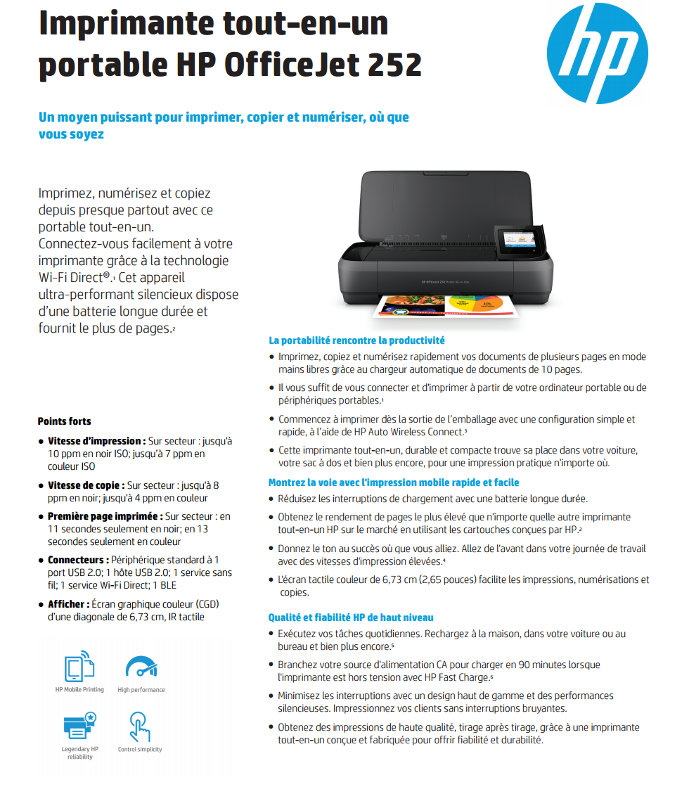 IMPRIMANTE PORTABLE HP OfficeJet 250 Mobile AIO jet d'encre (USB