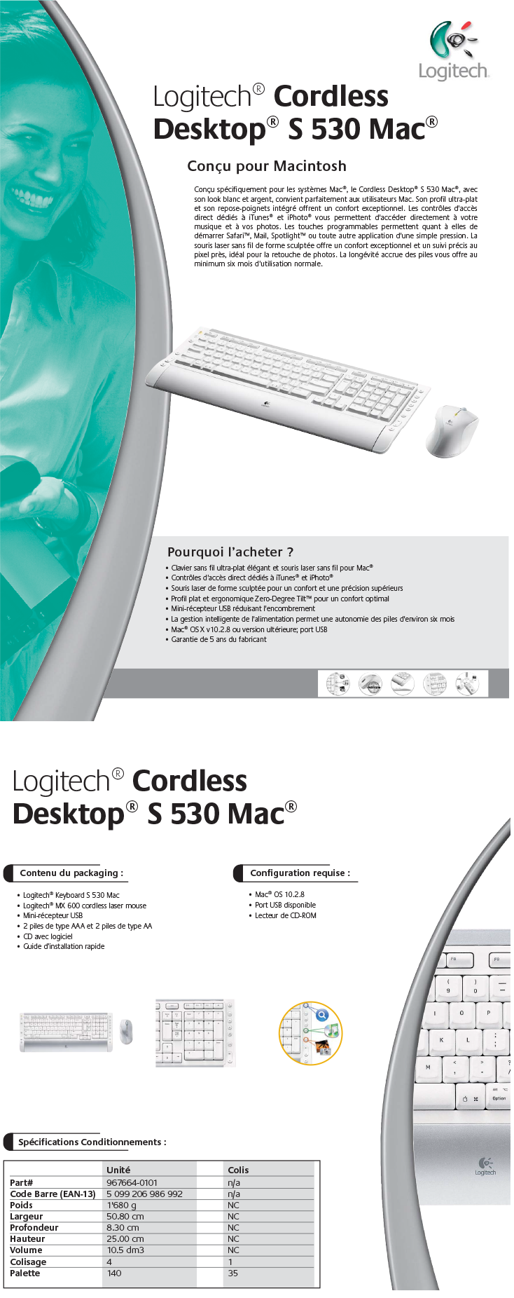 Clavier et souris Logitech Cordless Desktop S 530 Mac - AZERTY prix Maroc